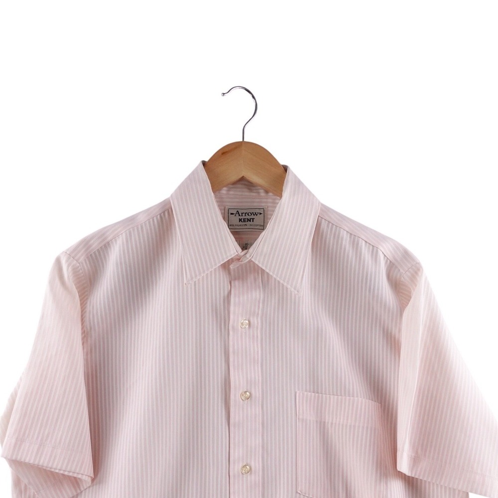 Vintage 70's Arrow Kent Mens 16 Pink Stripe Short Sleeve Button Down Shirt‎